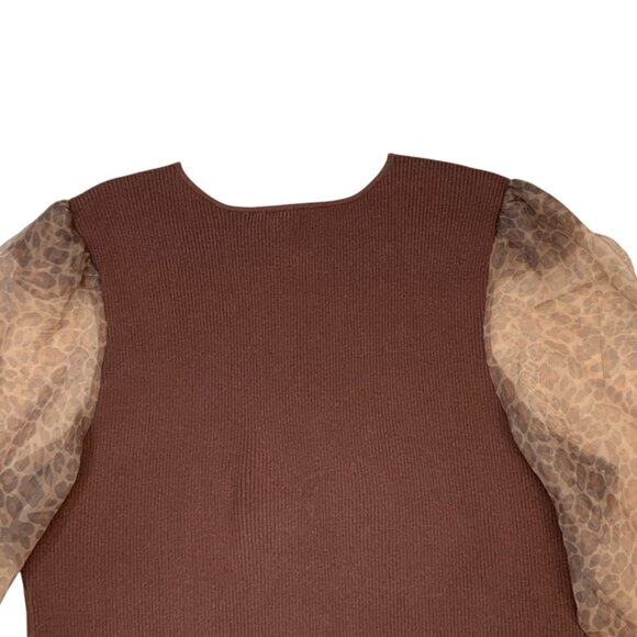 Anthropologie Dolan Puff Sleeve Sweater 1X Plus Brown Motif Animal Print Fall - Picture 7 of 11